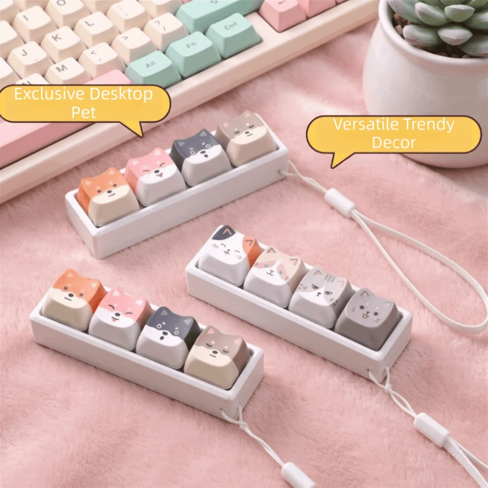 4 Keys Mechanical Keycap Keychain Lightweight Portable Finger Press Keyring Cat Shape Pinch Design Finger Press Keycap Keychain