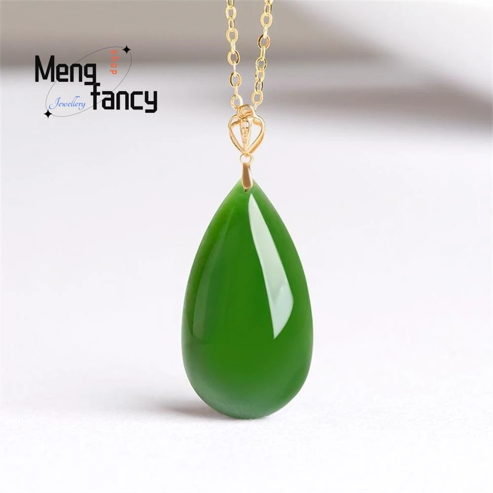 

Spinach green old material Hetian jade jasper water drop authentic 18K gold inlaid natural jade necklace for men and women