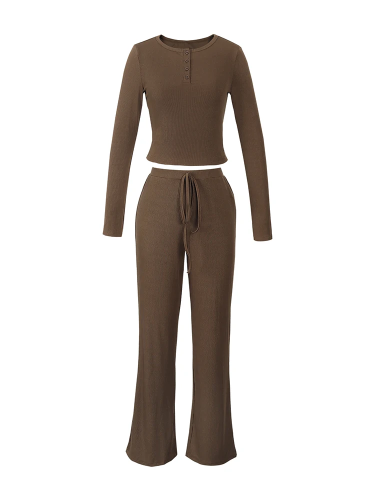 女性用ソリッドカラーツーピースパジャマセット長袖プルオーバー快適なシャツ巾着ウエスト締めパンツ部屋着