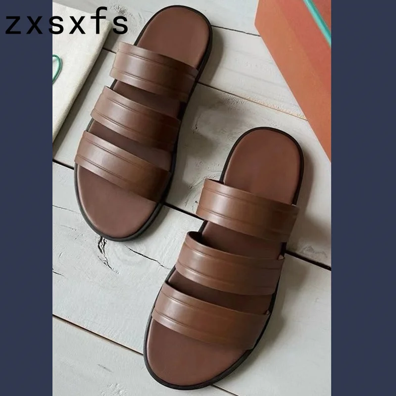 

Summer Leather Slides Men's Flat Slippers Designer Holiday Beach Shoes For Men Walk Casual Slipeprs Sandalials Mujer 2024