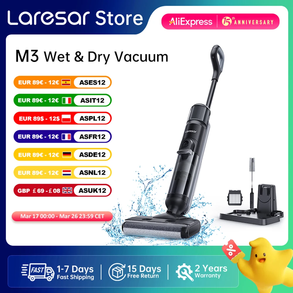 Laresar M3 Cordless Wet Dry Vacuum Cleaner Mop, Edge Cleaning 55min Auto Suction Floor Washer Self-Cleaning Smart Home Appliance