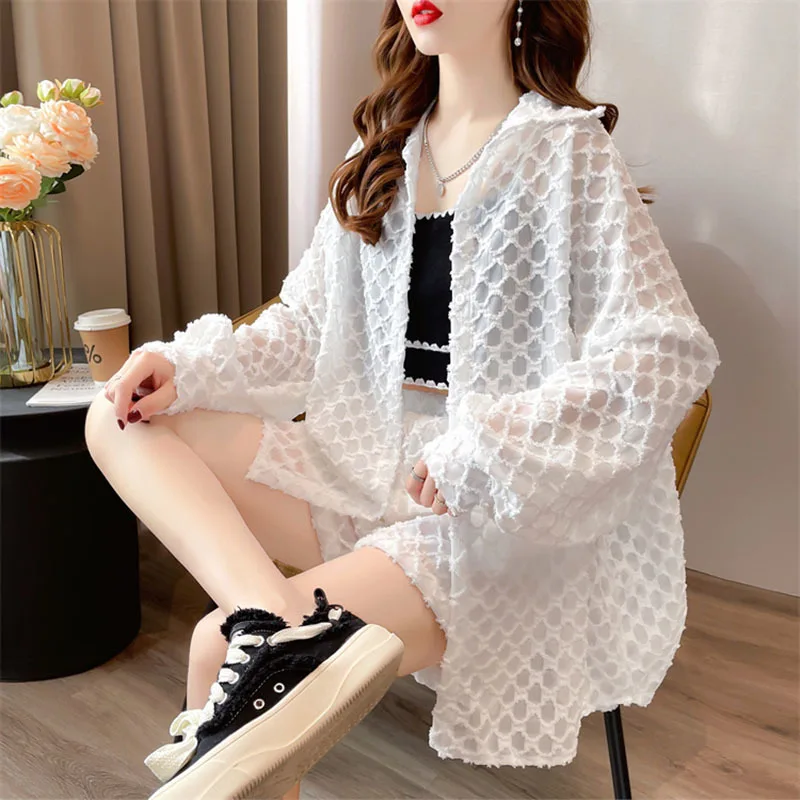 Medium Length Loose Large Sleeve Shirt + Shorts Women\'s Sunscreen Clothes 2023 Summer New Casual Two piece Set Fashion