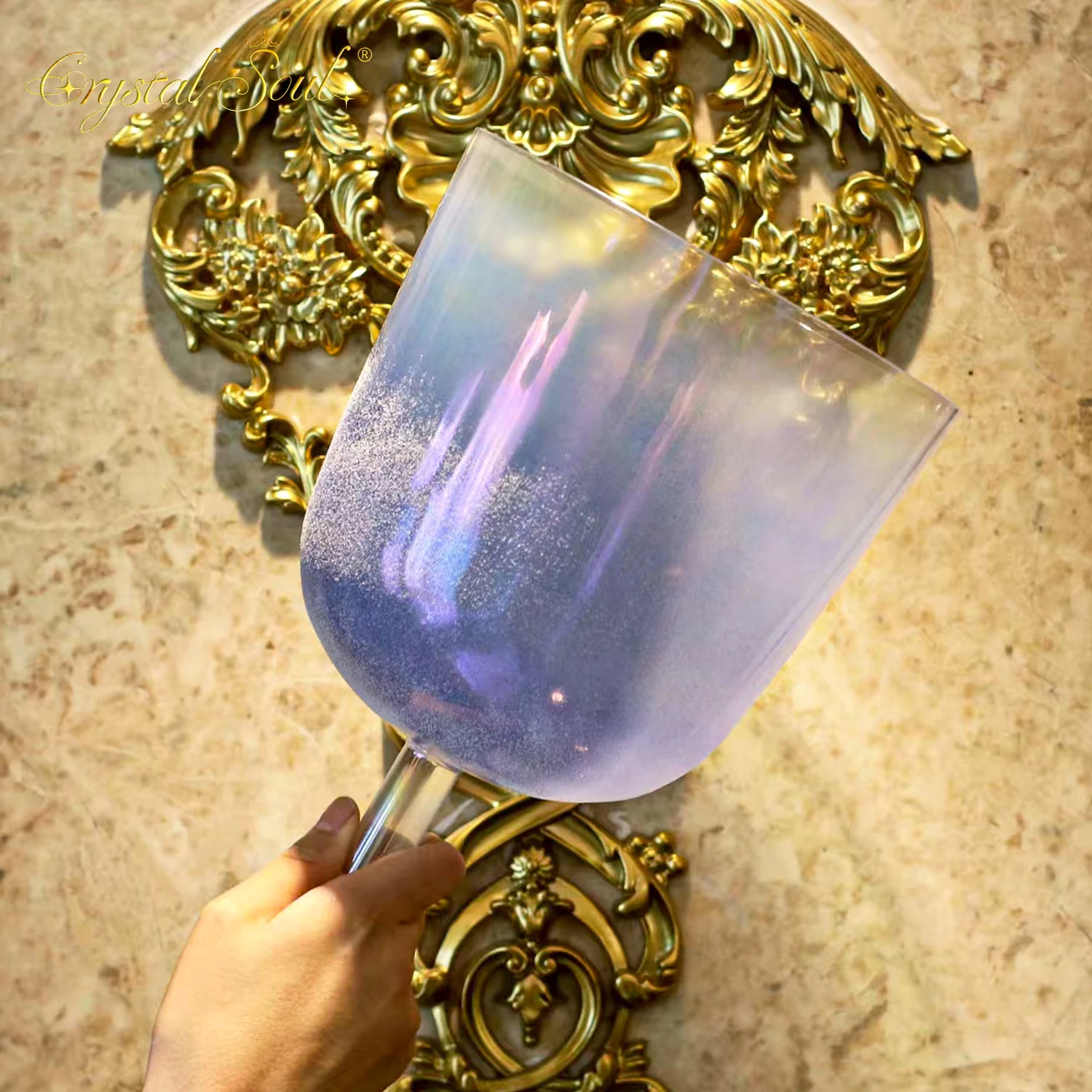 

CrystalSoul 432hz Crystal Sand Surround Indigo Aurora Handle Crystal Bowl with accessories