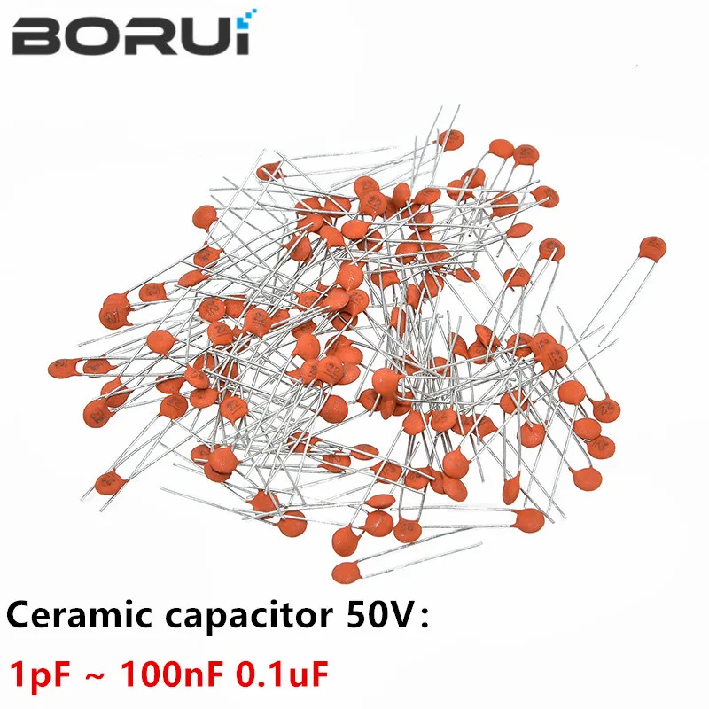 100pcs Ceramic capacitor 50V 1pF ~ 100nF 0.1uF 104 4.7PF 10PF 22PF 33PF 47PF 100PF 101 220PF 221 330PF 470PF 1NF 103 47NF 473