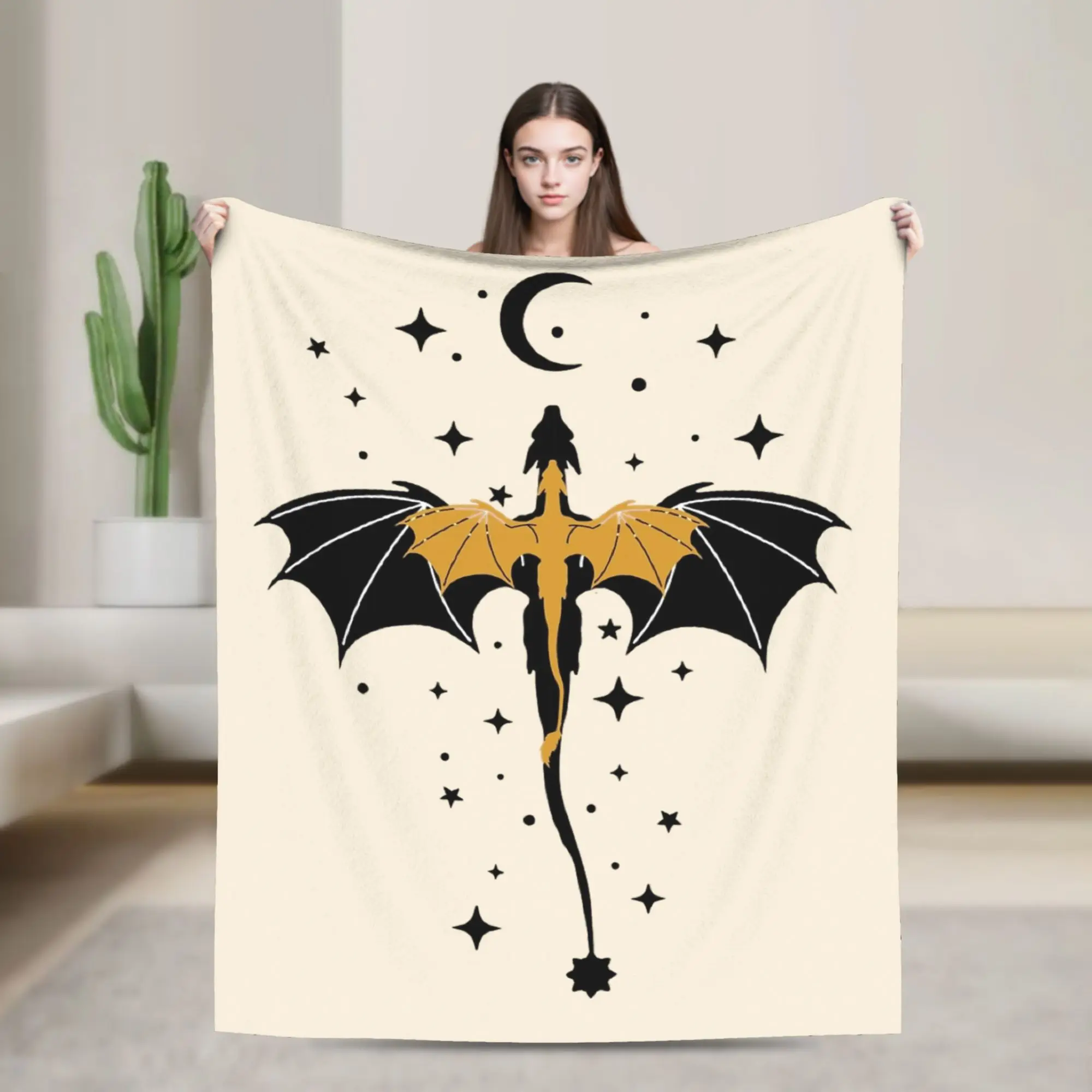 Black and Gold Starry Dragons Fourth Wing Blankets Velvet Autumn/Winter Super Warm Throw Blanket for Sofa Plush Thin Quilt