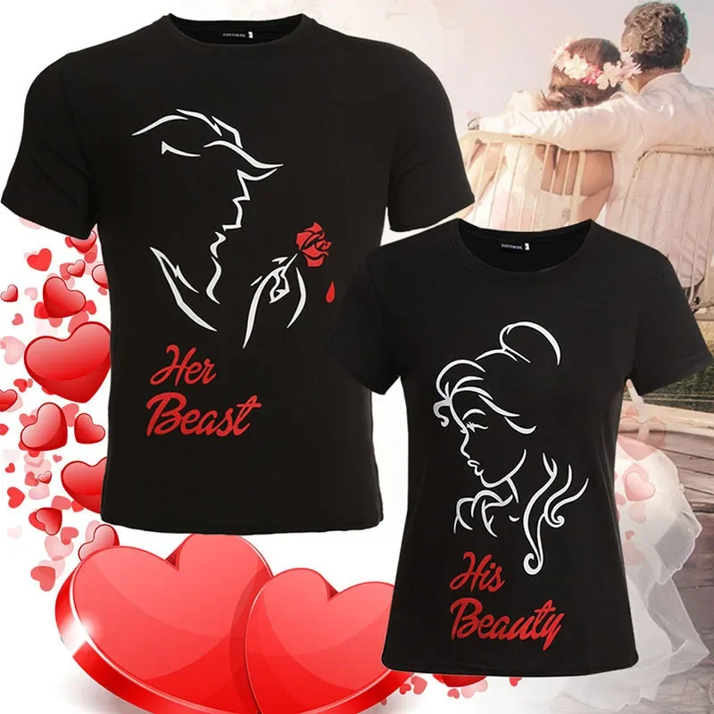 2024  His Beauty Her Beast Print Couple Tee Loose King Queen Tshirt Couple Gift T-ShirtsFashion Lovers Tee Graphic Shirt Y2k