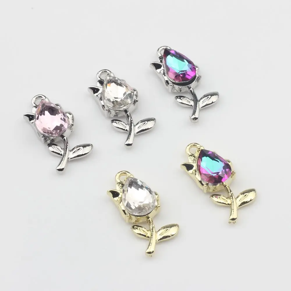 6pcs/lot Zinc Alloy Handmade Inlaid Crystal Tulip Flowers Charms Pendant For DIY Fashion Jewelry Making Finding Accessories