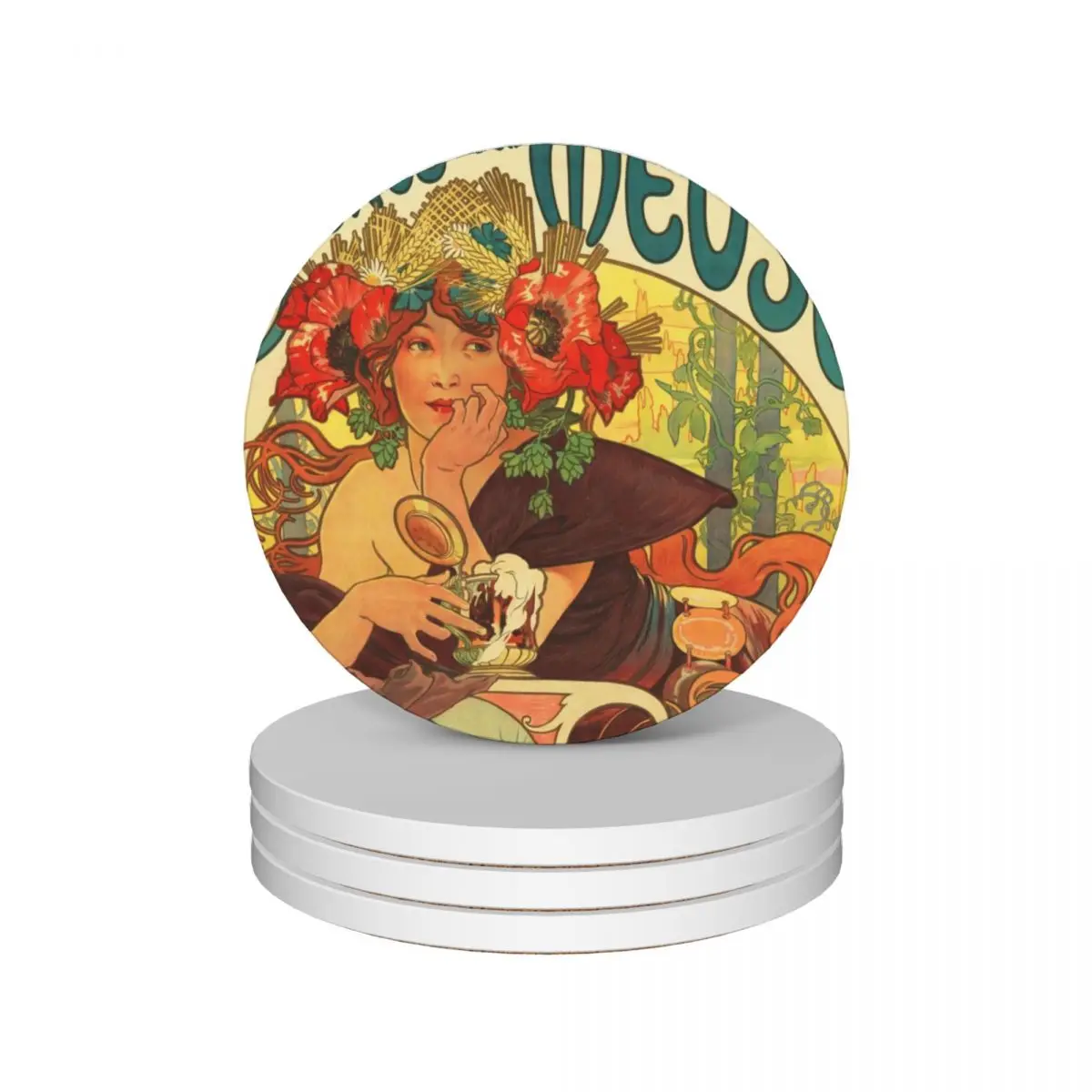 

Beer BIERES DE LA MEUSE Advertisement Alphonse Mucha Art Nouveau Ceramic Coasters (Set of 4) drinks Coasters