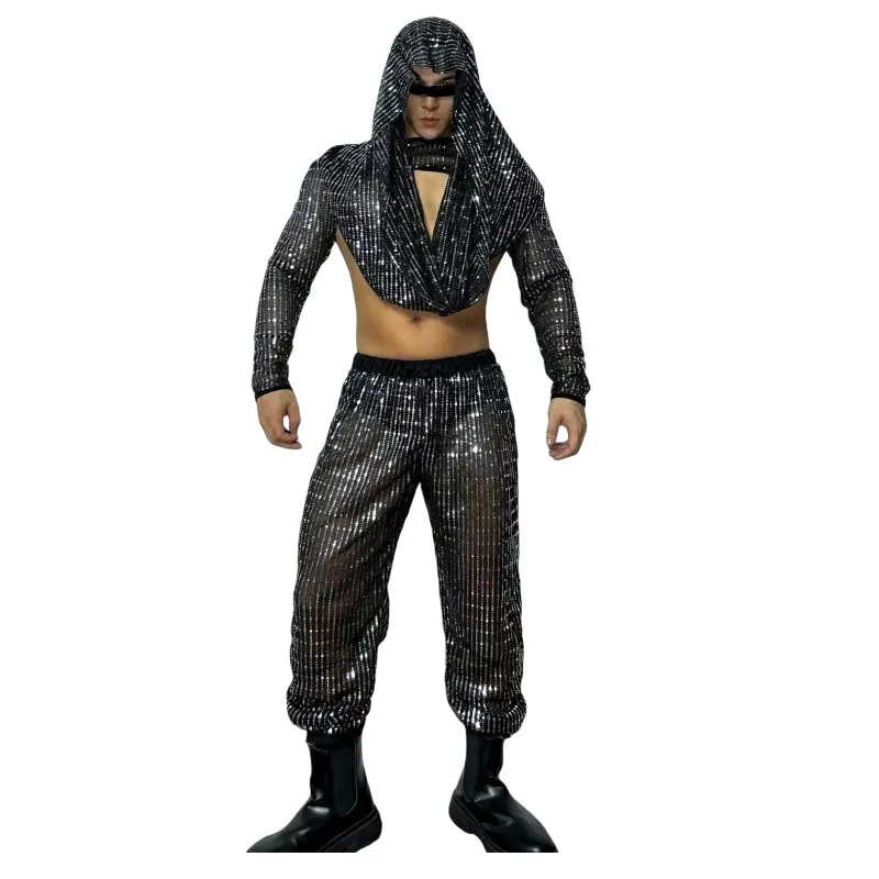 Zwarte Pailletten Uitsparing Top Transparante Broek Bar Nachtclub DJ Mannelijke Pole Dance Kleding Stage Rave Outfit Sexy Gogo Dance Kostuum