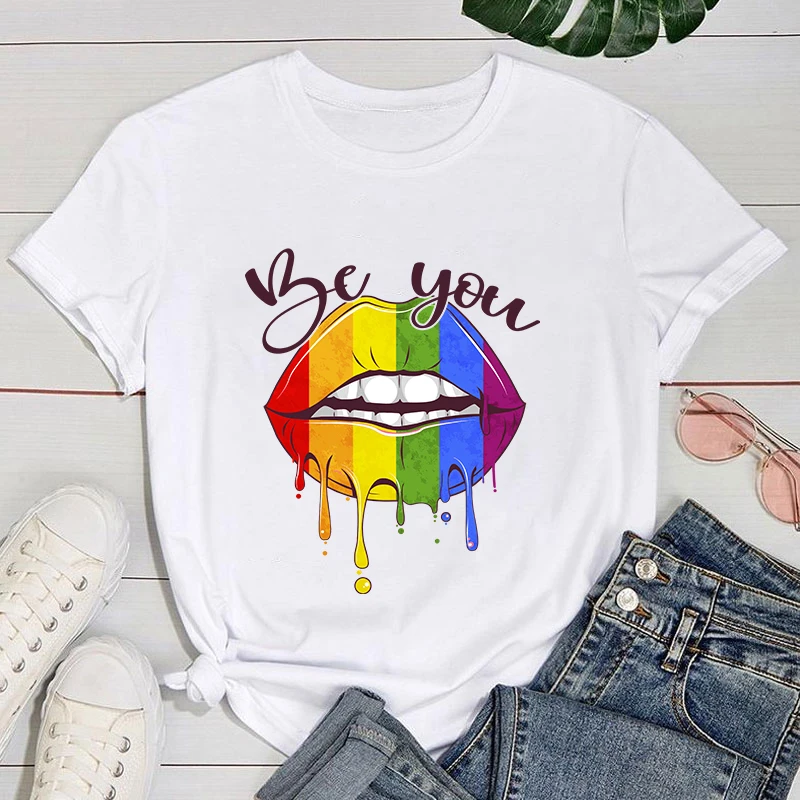 

(Premium T-shirt)Hot Lgbt Lips Be You Letter Printed Women Summer Short Sleeve Tee Shirts Round Neck Casual Summer Female Tops