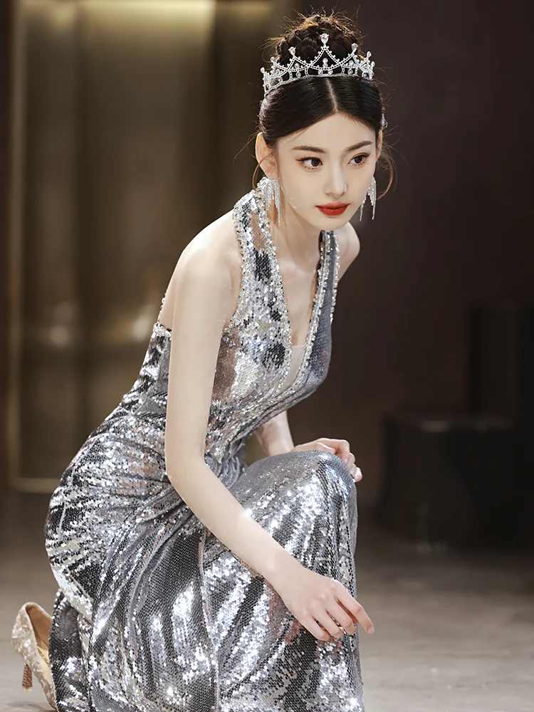 

Silver ey Evening Gown Women's Annual Conference High-End Light Luxury Sexy Ladyfi Tail Skirt High-end Temperament
