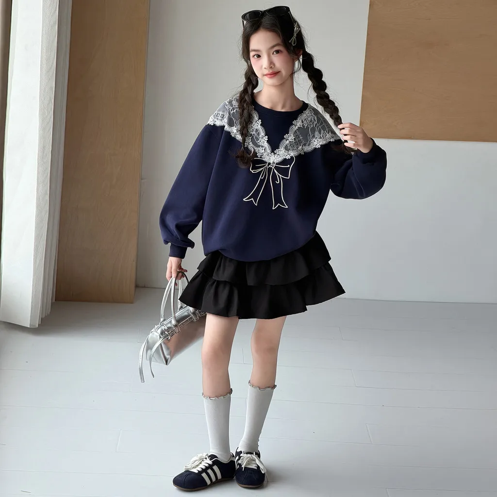 Girls Sweatshirt Lace Bow Print Autumn Cute Children Tops Dark Blue 2026 2