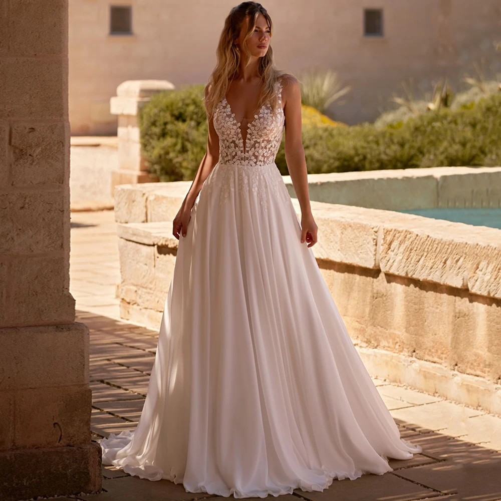 

Classic A-Line Sleeveless Chiffon Wedding Dress Bridal Customized Appliques Lace V-Neck Open Back Bridal Gowns Vestido De Novia