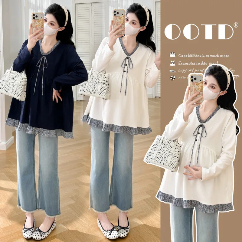 2026 Autumn New Fashion Maternity Blouses Ruffle V Neck Patchwork Loose Shirts Clothes for Pregnant Women Pregnancy Tops
