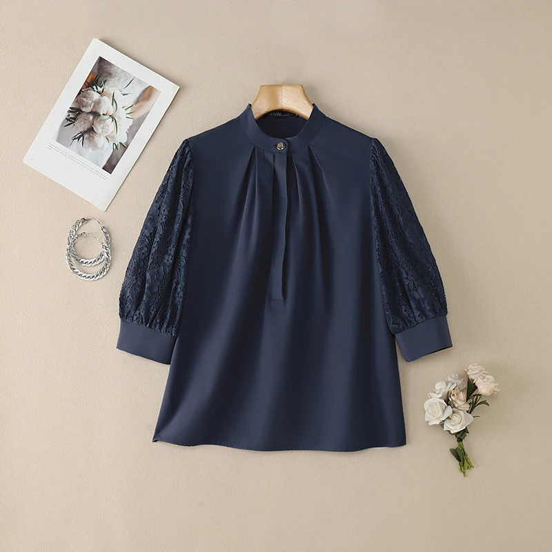 2025 الصيف الدانتيل المرقعة قميص ZANZEA مكتب المرأة بلوزة أنيقة 3/4 كم OL العمل القمم تونك الإناث تونك الوقوف الرقبة Blusas #4