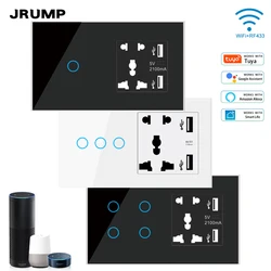 JRUMP WIFI o Zigbee Smart Touch Switch interruttore di controllo vocale con alimentazione intelligente del regno unito e 2 prese USB a 5 fori funzionano Alexa Echo