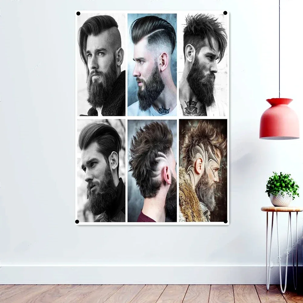 Very Hipster Men's Long Beard Hairstyles Poster Wall Hanging Flag Vintage Barber Shop Wall Decor Painting Barber Salon Banners