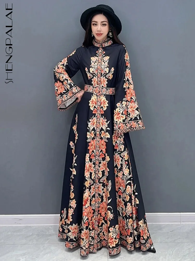 SHENGPALAE Neo-chinese Style Printed Dress For Women Contrast Color Elegant Chic Stand Collar Vestido Spring 2024 New Robe R9447