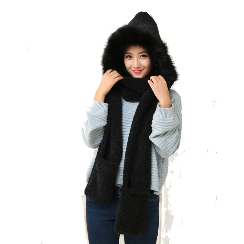 Brand Oohmy Winter Warm Women Hoodie Hat/Scarf/Gloves Set Soft Plush Thick Warm Cap Cold Weather Scarf Wraps