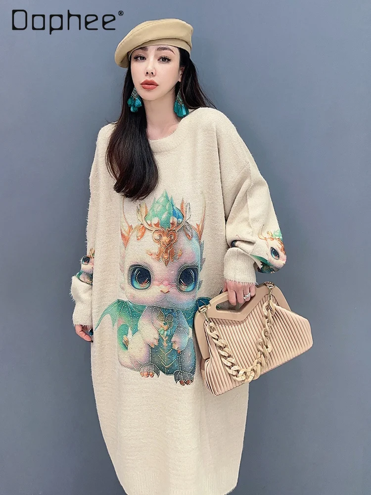 

Cartoon Printed Long Sleeve Round Neck Pullover Long Knitted Dress Women's Clothing 2024 Spring Autumn New Loose Sweater Dress