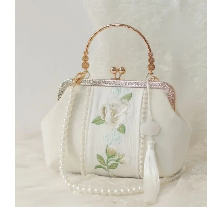 

Chinese Embroidery Plate Buckle National Style Bag Female Spring New Plain Elegant Women Daily Hanfu Accessory Pearl Bag