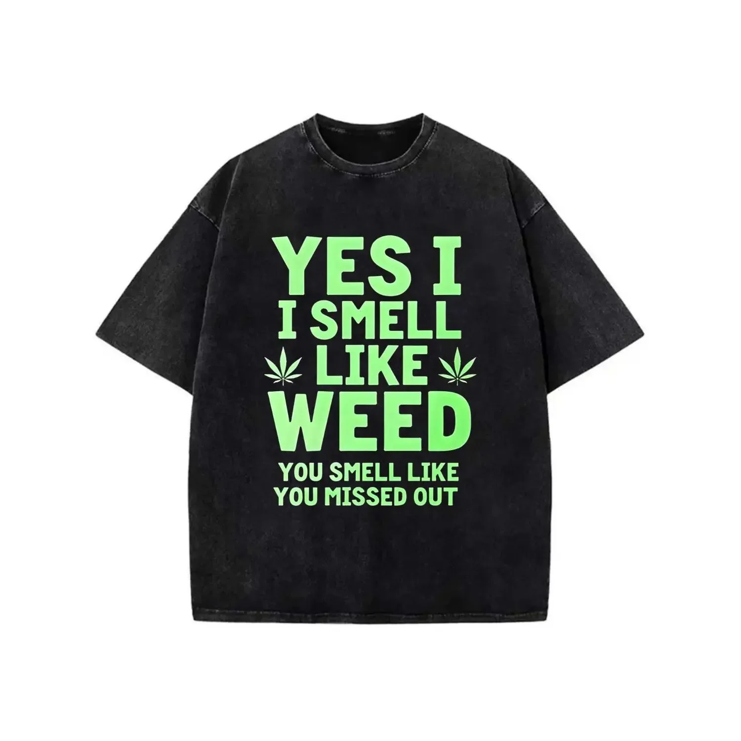 Cotton Yes I Smell Like Weed 21 Men's Graphic T-Shirt Black Neon Green Leaf Design Breathable Crew Neck Regular Fit Casual Short Sleeve Top for Summer Year Round Wear