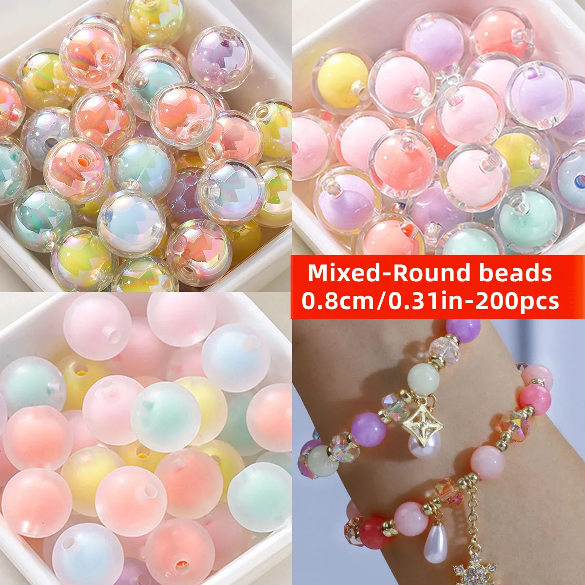 200pcs 8mm Mixed Color Acrylic Beads, Interval Beads. Loose Beads DIY Pearl in Pearl Hand Material, Decoration Beads