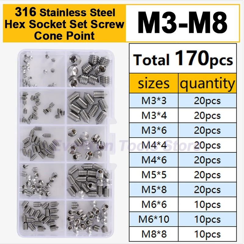 

170Pcs Hex Hexagon Socket Set Screw Cone Point Assorment Kit 316Stainless Steel Headless Allen Head Grub Bolt Set M3 M4 M5 M6 M8