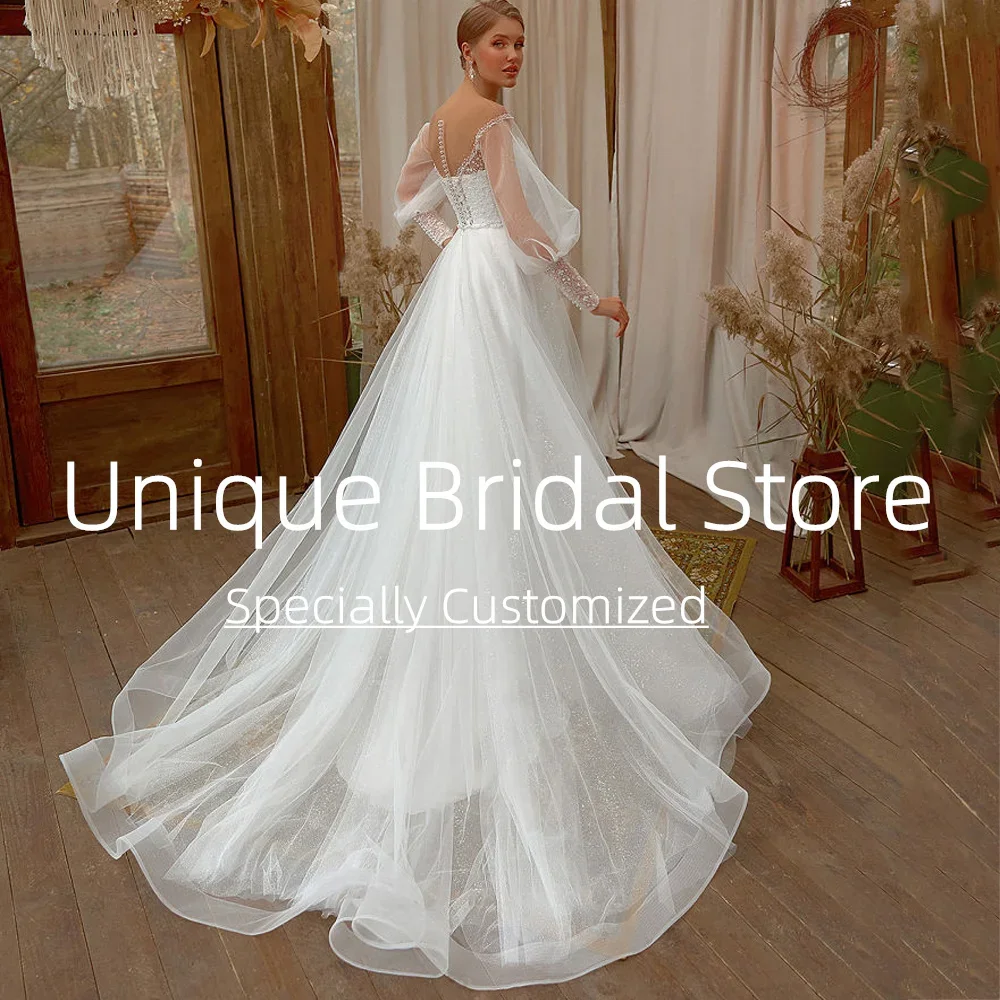 Customized Sexy Wedding Dresses Sweetheart Neck Elegant A-line Illusion Full Sleeves Open Back Button Design For Women Bridal Go