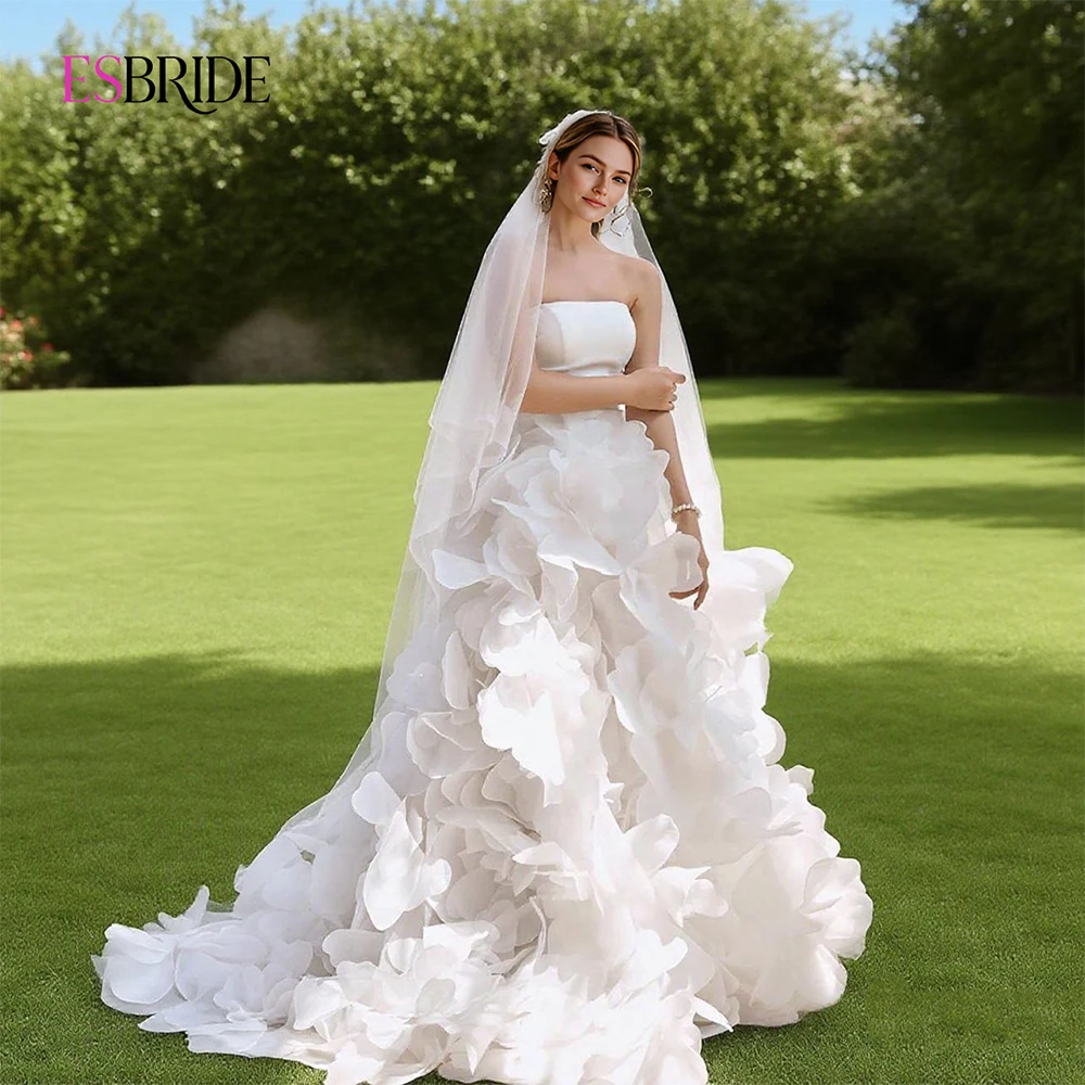 

ESBRIDE Simple Wedding Dresses 3D Flowers Bridal Gowns Strapless Customized Princess Sleeveless Lace Up Sweep Train Bride Dress