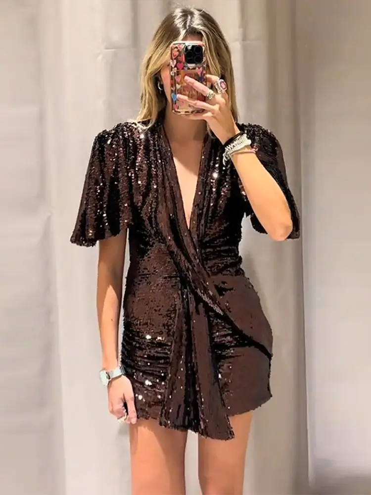 Sexy Sequins Short Dress Women V-Neck Short Sleeve Ruched Ribbon Bodyron Party Dresses 2026 Spring Street Chic Lady Vestidos
