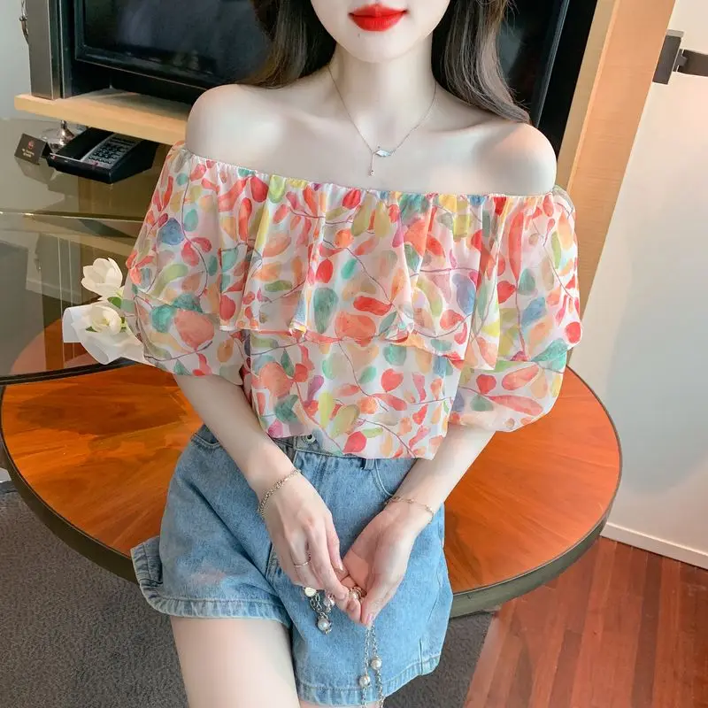 Women\'s Summer New Elegant Printed Spliced Ruffles Chiffon Blouses Sexy Slash Neck Sweet Loose Fashion Bubble Short Sleeve Shirt