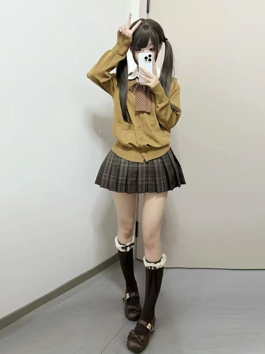

Autumn Winter Caramel Croissant New JK Skirt Original Japanese Style Sweater Cardigan Outerwear School Provided Knitted Shirt...