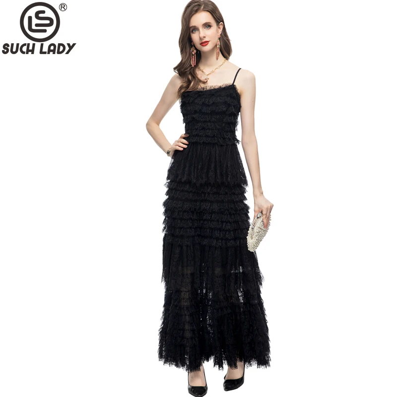 

Women's Runway Dresses Spaghetti Straps Tiered Ruffles Embroidery Lace Fashion Designer Party Prom Gown