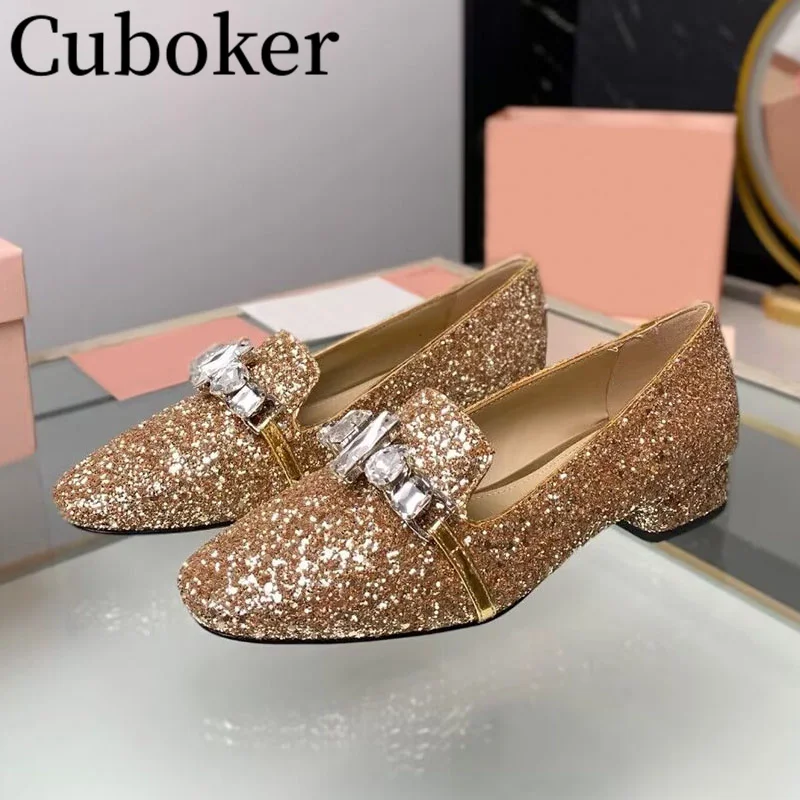 

Luxury Women's Shoes Crystal Loafers Leather Women Office Dress Shoes 2023 Autumn New British Style Glittery Chunky Heels Pumps