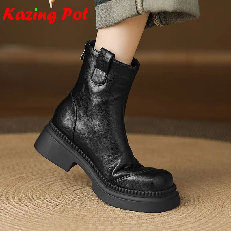Krazing Pot Microfiber Round Toe Thick High Heels Zipper Motorcycle Boots Keep Warm Winter Shoes Preppy Style Rome Ankle Boots