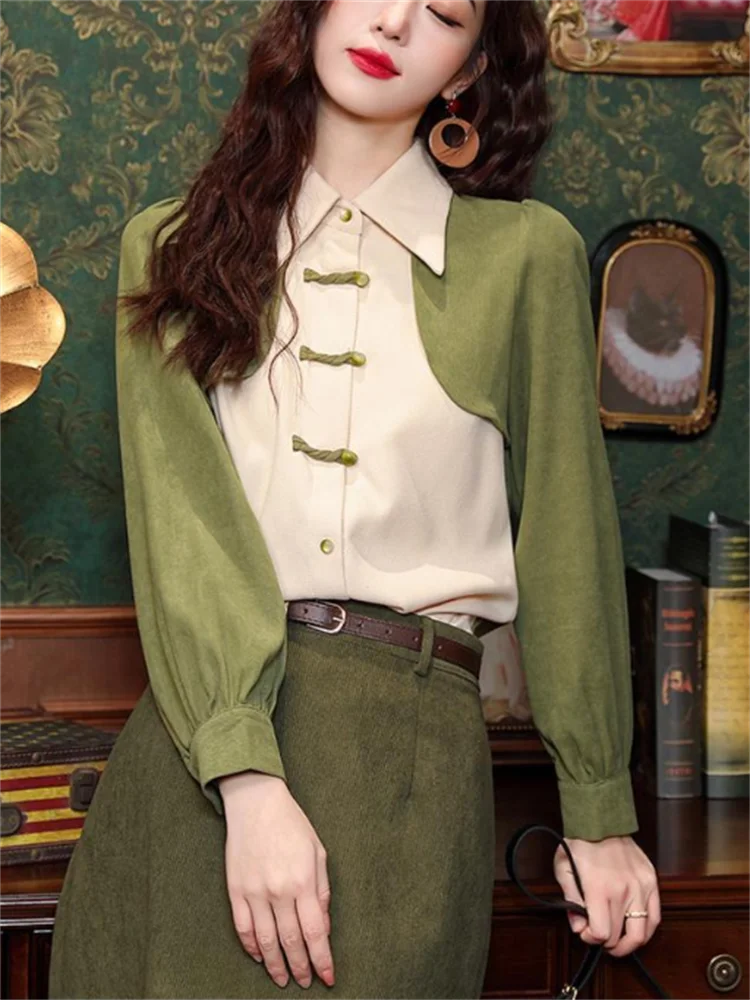 Retro เสื้อผู้หญิงเสื้อจีน Vintage Dial Buckle เสื้อจุดคอเสื้อสเวตเตอร์ถักเสื้อผ้าผู้หญิงเสื้อ Splice Blous