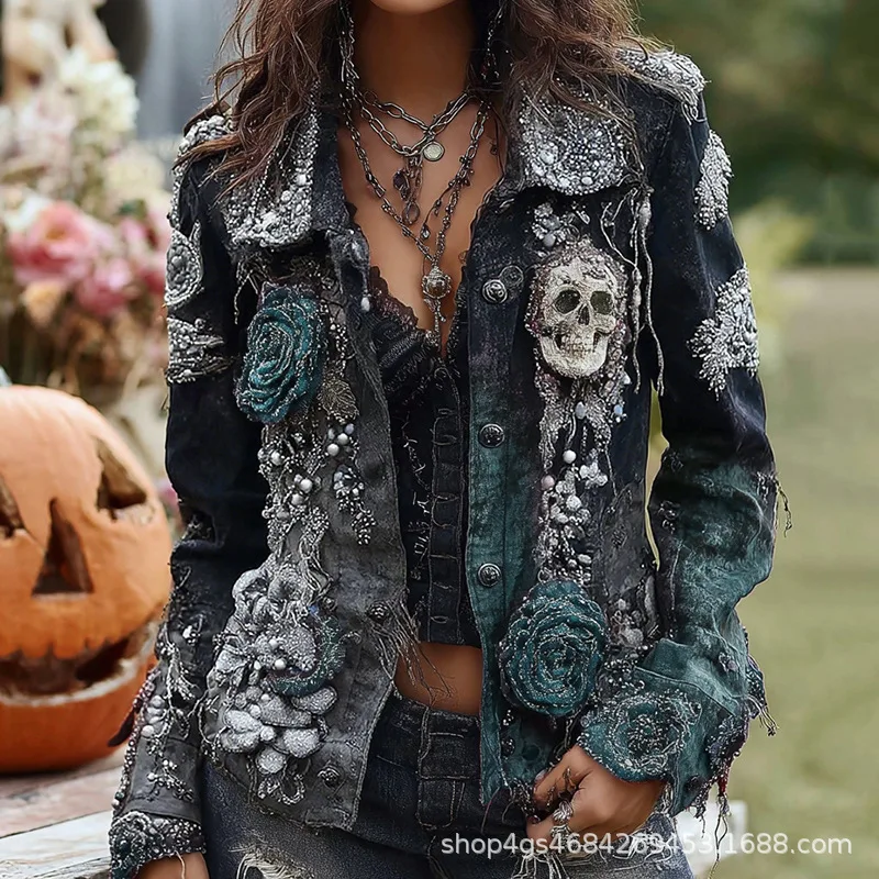 Chaqueta gótica punk con bordado de calavera y rosas para mujer, abrigo vintage desgastado para Halloween, ropa urbana Y2K, disfraz del Día de Muertos