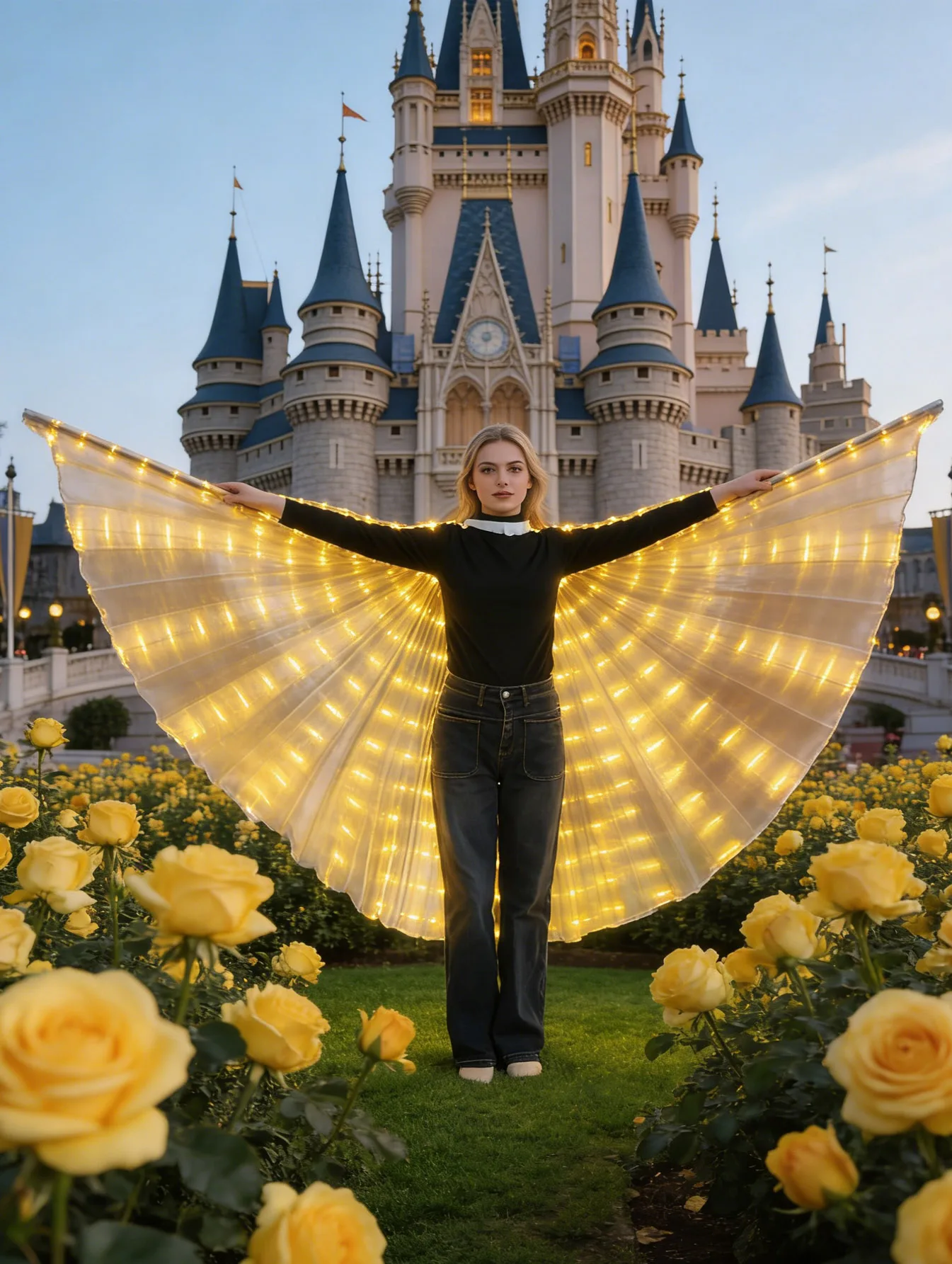 

Yellow glowing cape, spread out in the C position, the finale of the party, locking the eyes of the whole venue (batteries not ）