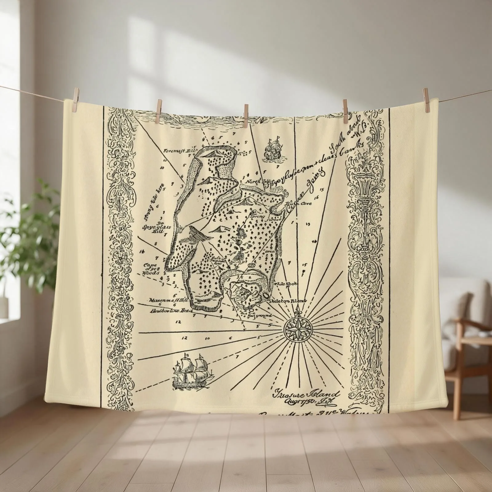 Vintage Treasure Island Pirate Map (1915) Throw Blanket Beautifuls Shaggy Soft Plush Blankets