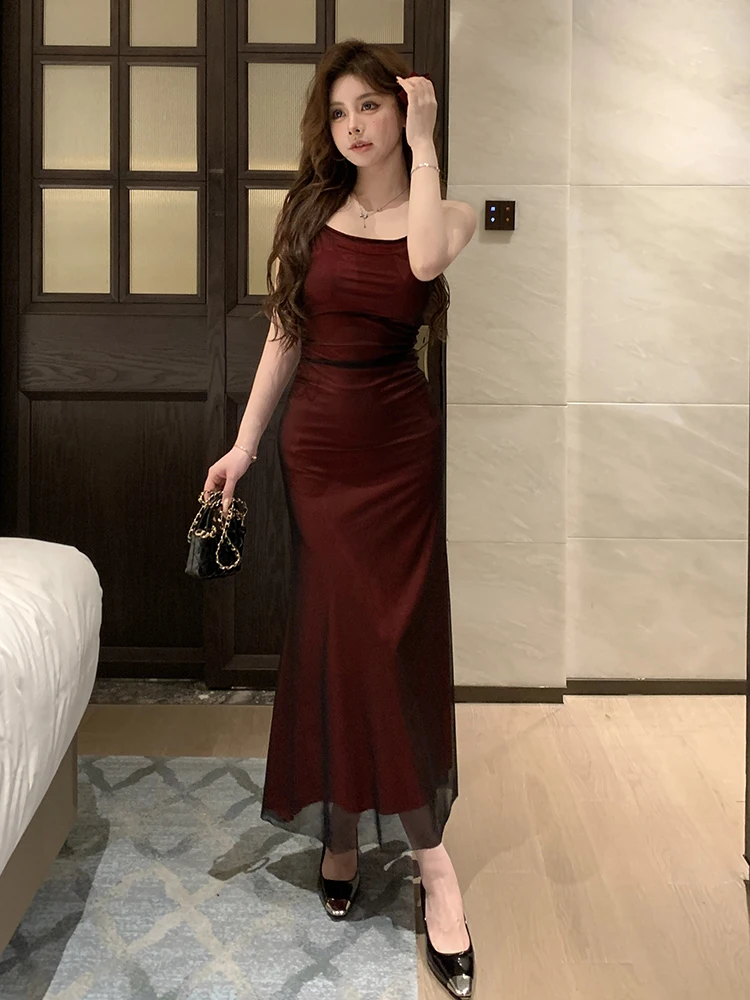 Red mesh slip dress elegant temperament slim fit backless evening dress banquet long dress for formal occasions summer 2024