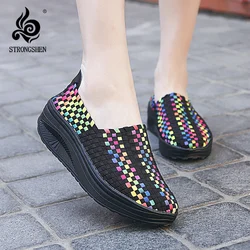 STRONGSHEN Women Wedges Weave Shoes Breathable Summer Walking Shoes Women Sneakers 5CM Heel Handmade Female Zapatillas Mujer