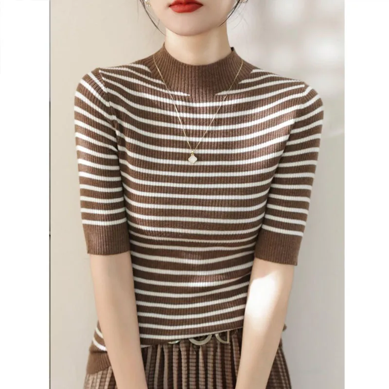 2024 Summer Striped Half High Collar Middle Sleeve Spring Slim Contrasting Colors Comfortable Tops Affordable All-match T-shirt