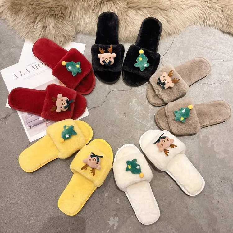 

2024 Winter New Hair Slippers Women Home Flat Warm Non-slip Fashion Women's Cotton Slippers