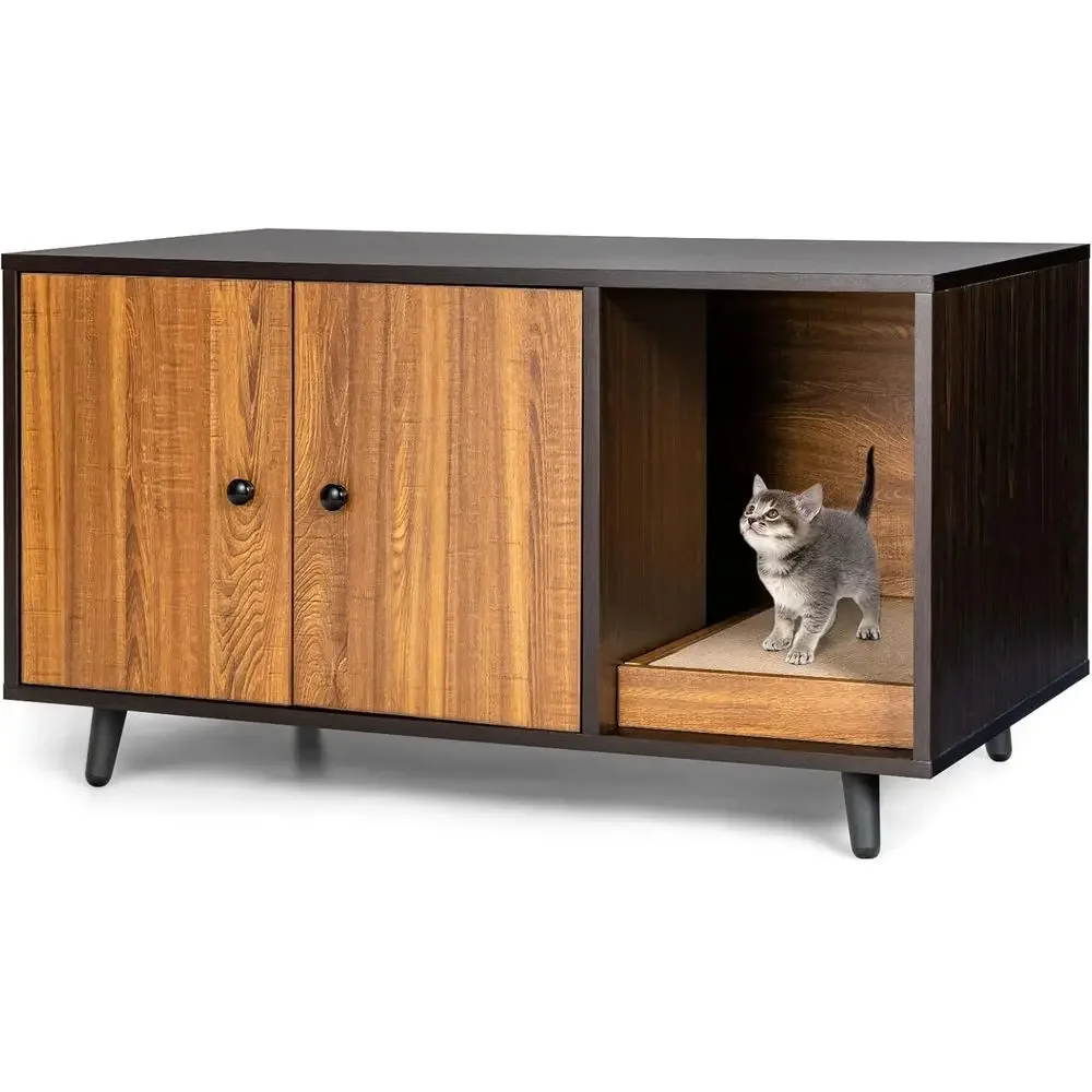 

Walnut & Black Double Door Enclosed Cat Litter Box Cabinet with Divider and Scratching Pad