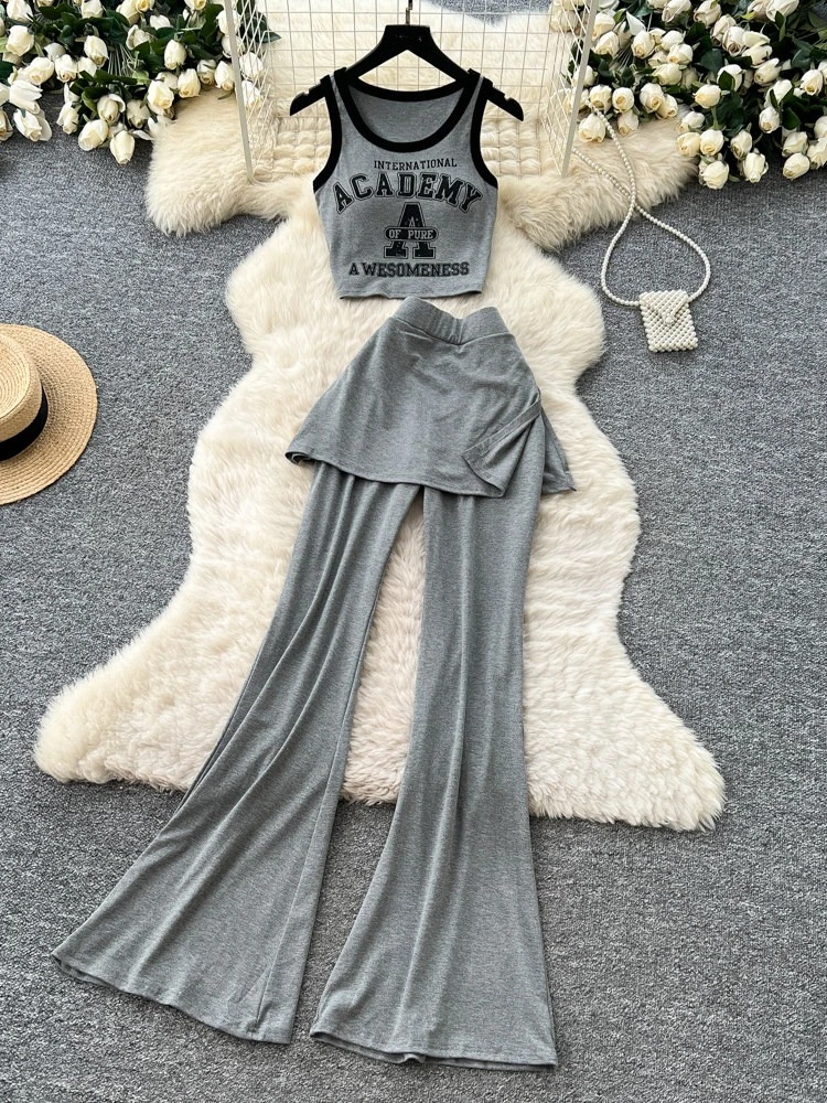 

Korean commuting style letter printed slim fit vest high waisted slightly flared pants women's summer casual two-piece set