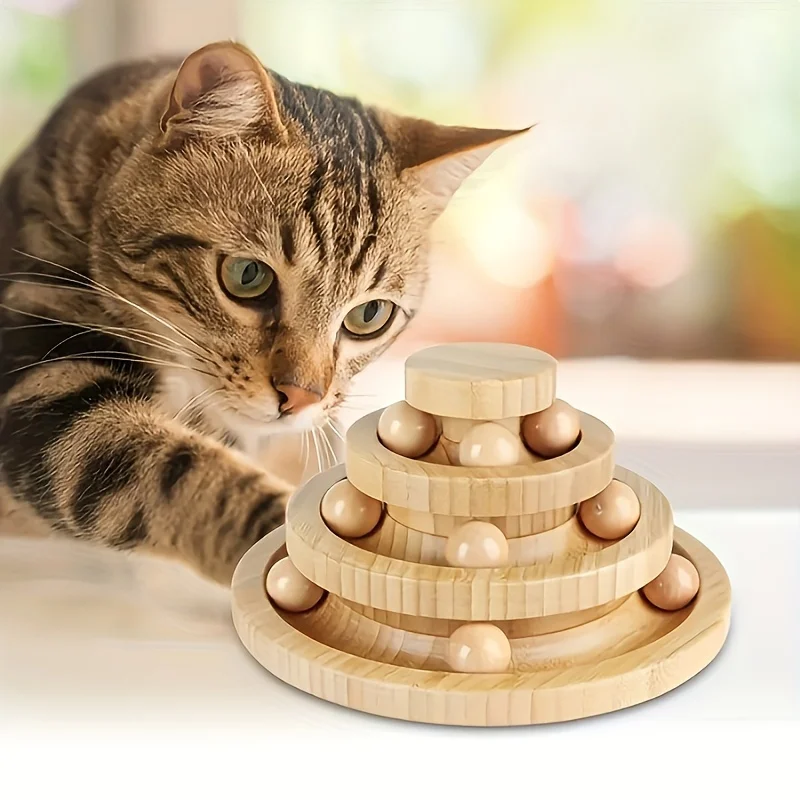 Wooden Cat Ball Track Toys, Roller 3-Level Tower Interactive Circle Track Cat Supplies, Roller Cat Toy With 9 Removable Balls