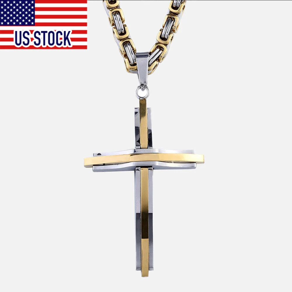 Davieslee Gold Silver Color Stainless Steel Cross Pendant Necklace Mens Womens Boys Fashion Jewelry Dropship DLKP39