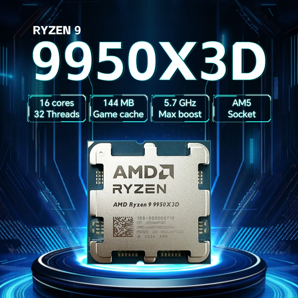 

НОВЫЙ игровой процессор AMD Ryzen 9 9950X3D, 16 ядер, 32 потока, 5.7 ГГц, 144 МБ кэш-памяти, TDP 170 Вт, R9 9950X3D, сокет AM5, без вентилятора