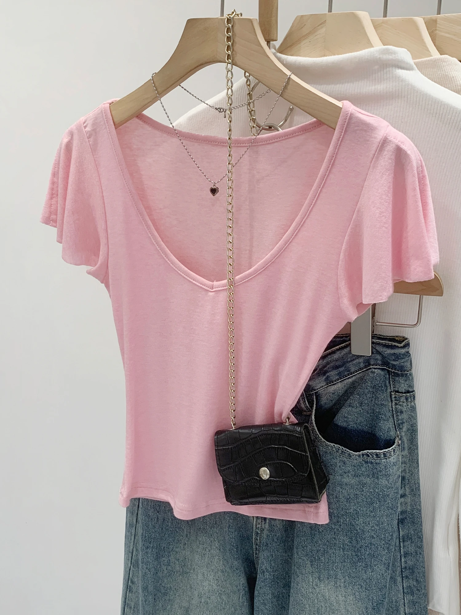 

Lace Wool Bubble Sleeve V-Neck T-Shirt Women's Summer New Style Korean Style Beautiful Top Casual Style Short Sleeve T-Shirt
